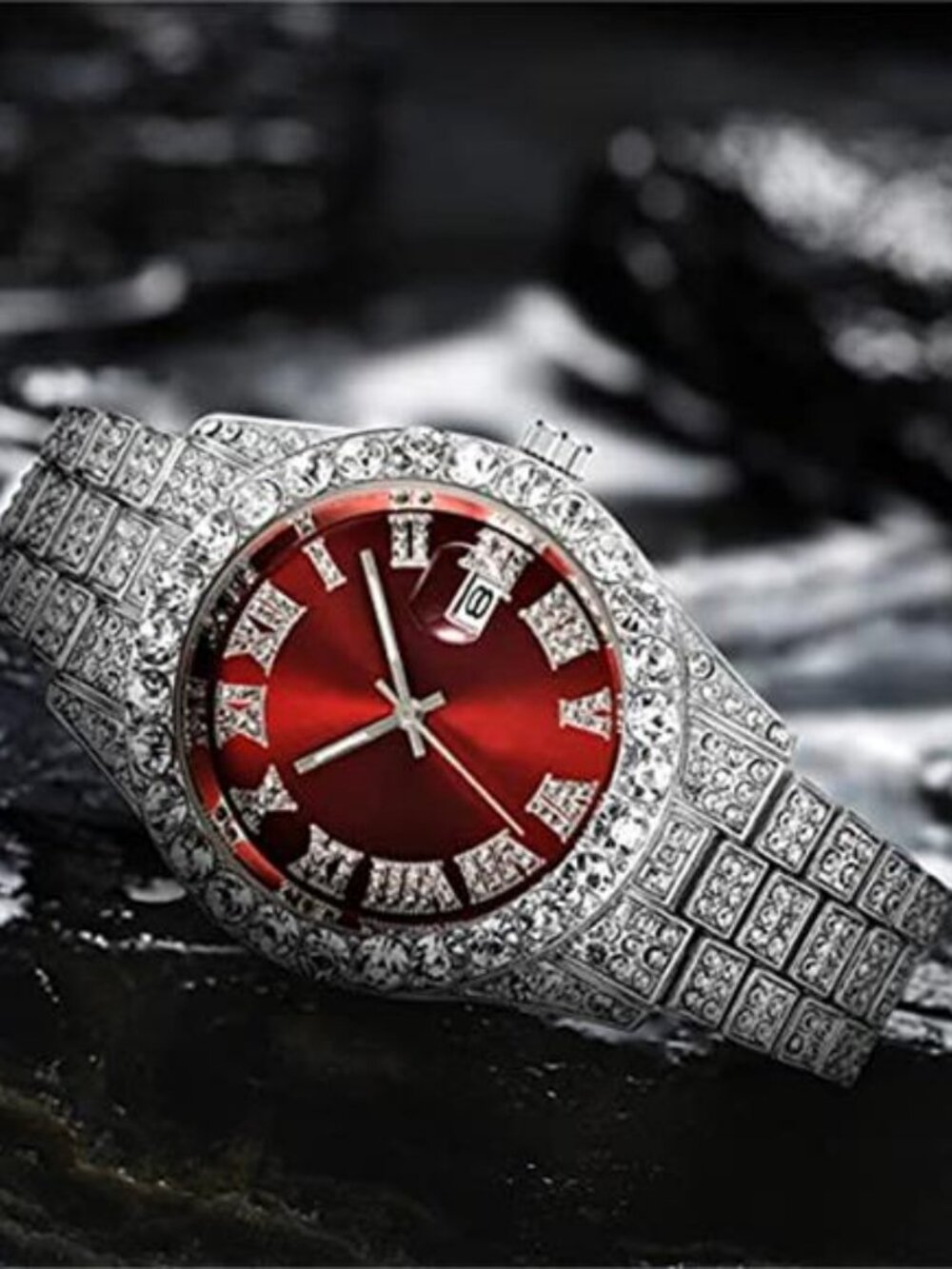 Unisex Luxury Iced Out Watch Mens Diamond Watches Roman Numerals - Picture 3 of 5
